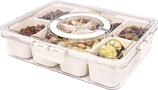 Yuroochii Snackle Box Container, Portable Snack Box 8 Compartment Divided Serving Tray with Lid & Handle, Clear Snack Charcuterie Platter for Travel Candy Party Fruit Salad (White)
