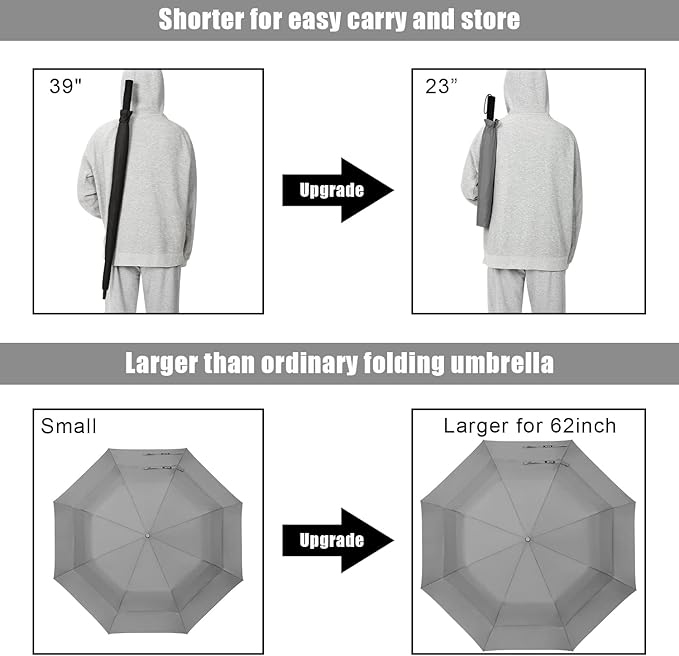 G4Free 62 Inch Portable Golf Umbrella Large Oversize Double Canopy Vented Windproof Waterproof Auto Open Folding Umbrellas(Gray)