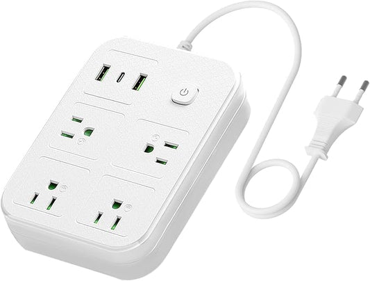 European Travel Plug Adapter, European Power Strip with 4 AC Outlets 1 USB C and 2 USB Ports, Europe to US Plug Adapter Type C for EU Germany France Spain Italy Travel (3ft)
