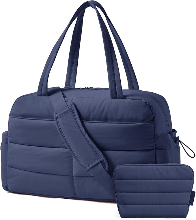 BAGSMART Gym Bag for Women, Lightweight Puffer Duffle Bag 2-PC Travel Bag, 31L Weekender Overnight Bag Quilted Carry On Tote Bag, Diaper Hospital Dance bag for Travel, Gym, Water Resistant, Navy Blue