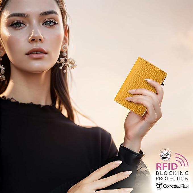 Card Blocr Womens Slim Wallet for Small Purses, Pop Up Wallet with Anti Theft RFID Blocking Credit Card Holder for Women in Orange PU Saffiano Leather