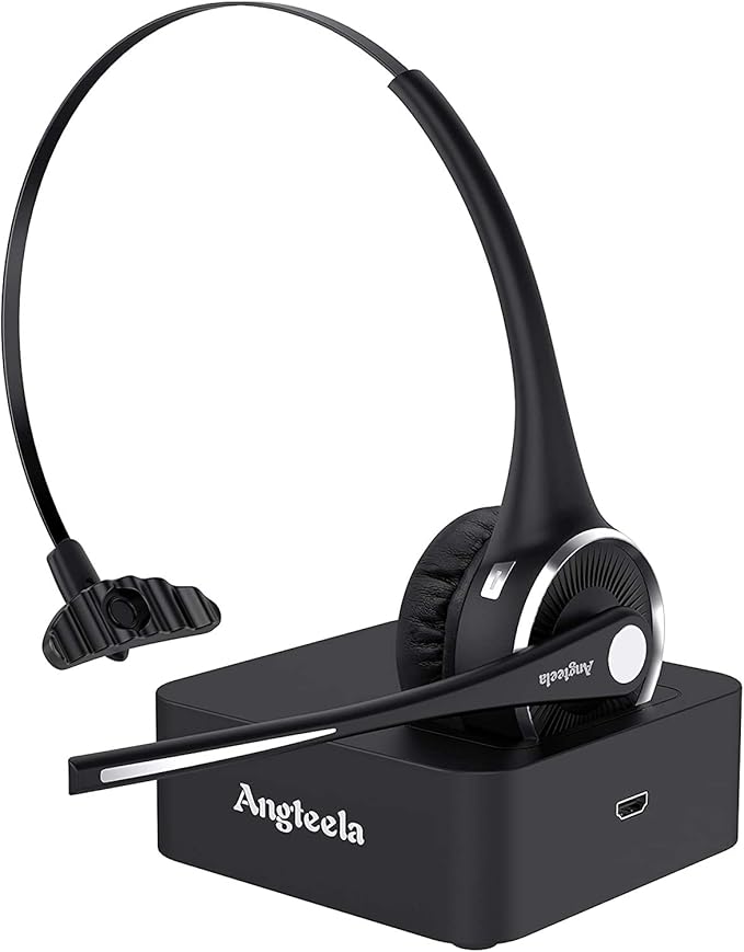 Trucker Bluetooth Angteela Headset with Microphone, Wireless Cell Phone Headset with Noise Canceling Mic Charging Base Mute Function for Home Office Call Center Skype