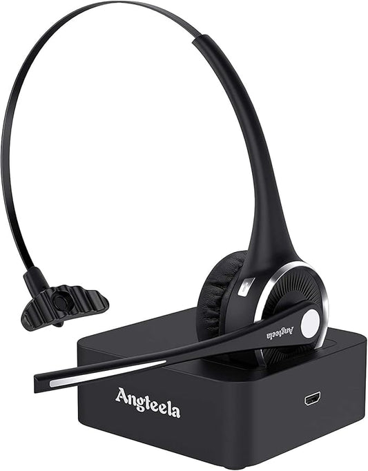Trucker Bluetooth Angteela Headset with Microphone, Wireless Cell Phone Headset with Noise Canceling Mic Charging Base Mute Function for Home Office Call Center Skype