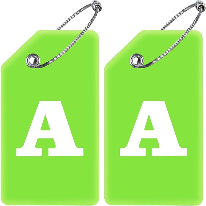 Gostwo 2 Pack Silicone Luggage Tags for Suitcases, 26 Initial Letter Baggage Labels Handbag School Bag Suitcase Instrument Tag with Stainless Steel Loop(Green)(Letter A)