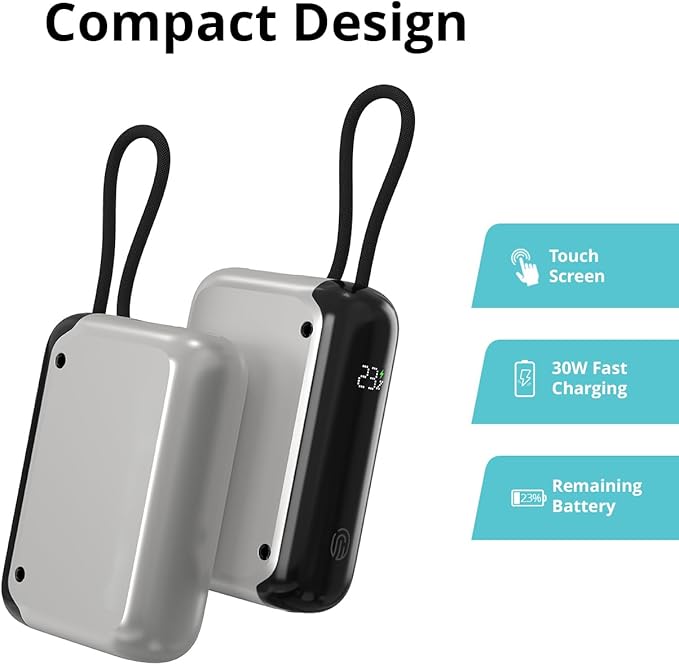 10000mAh Portable Charger, 30W PD Fast Power Bank with Built-in USB-C Cable - Ultra Compact for Travel, iPhone, Samsung Galaxy, MacBook, Nintendo Switch (Silver)