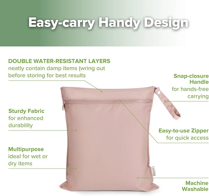 haakaa Waterproof Wet Bags for Baby, Wet Dry Bags for Diaper Bag, Travel, Swimsuit, Beach, Pool, Pump Parts, Stroller, Daycare,Yoga, Blush, 1pc