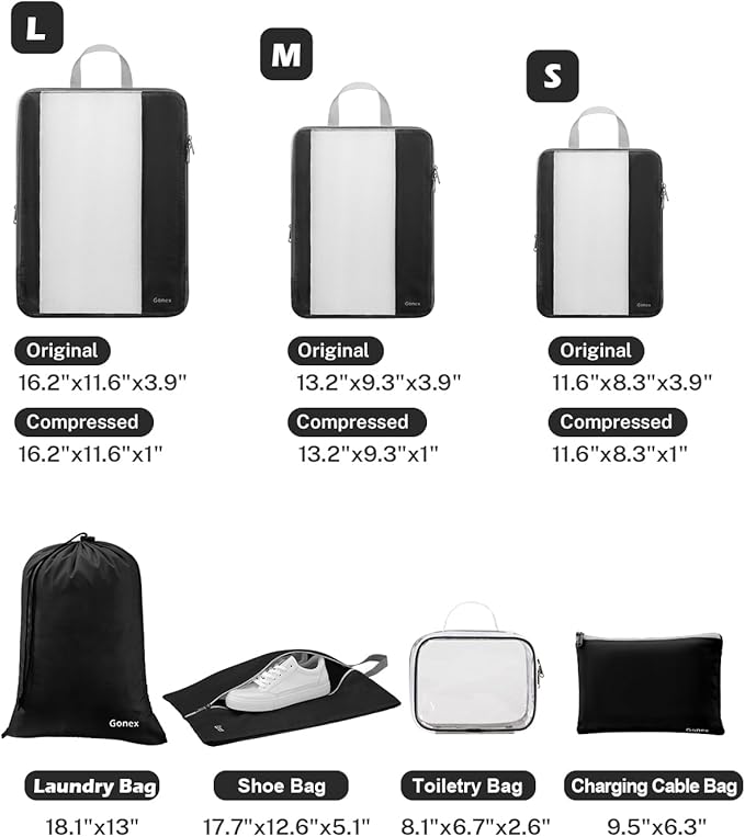 Gonex Expandable Mesh Packing Cubes - 8 Set Compression Organizer for Travel Essentials with Toiletry, Laundry, Shoe & Cable Bags - Black