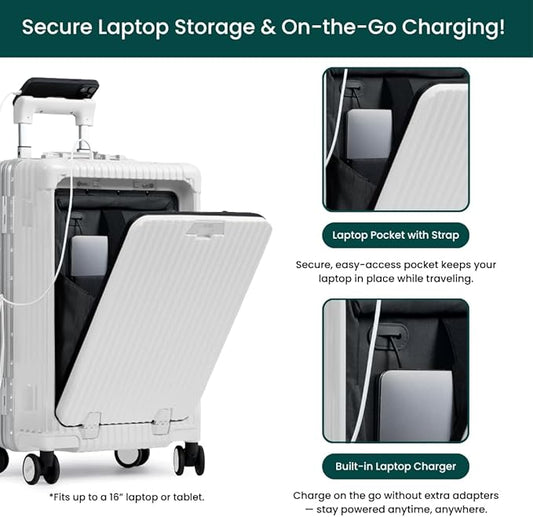 Nobl Travel Carry On Luggage, Noble Zipperless Aluminum Frame PC Hard Shell Suitcase, 22.5x15x9.5 Airline Approved, 360° Spinner Wheels, TSA Locks, USB Charging Port, Cup & Phone Holder - White