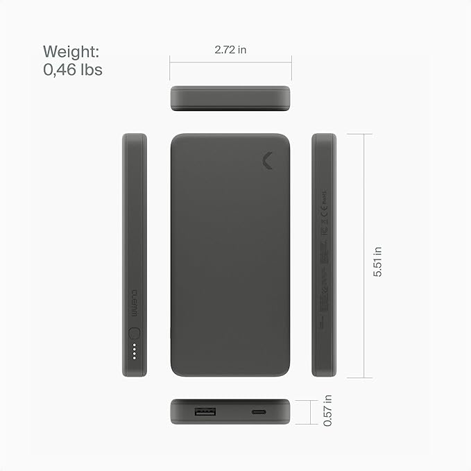 Clemm Portable Charger 10,000mAh Dual Port (USB-A, USB-C), Graphite