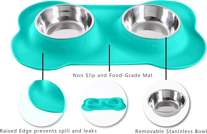 Hubulk Pet Dog Bowls 2 Stainless Steel Dog Bowl with No Spill Non-Skid Silicone Mat + Pet Food Scoop Water and Food Feeder Bowls for Feeding Small Medium Large Dogs Cats Puppies (Medium, Mint Green)