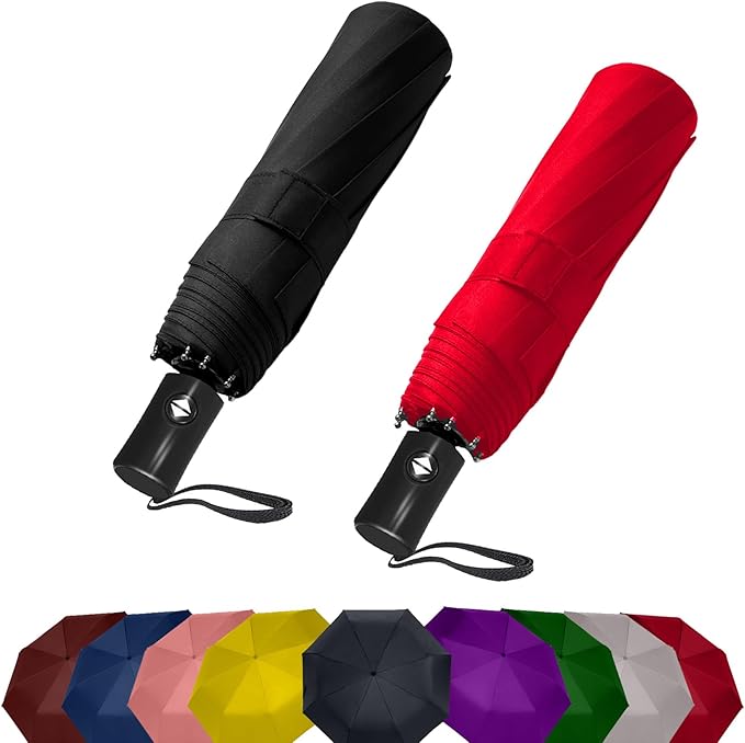 SIEPASA 2 Packs Windproof Travel Compact Umbrella, 8-Ribs Anti-UV Waterproof Folding Umbrella with Telfon Coating-One Button for Auto Open and Close. (Black & Red, 2 Pack)