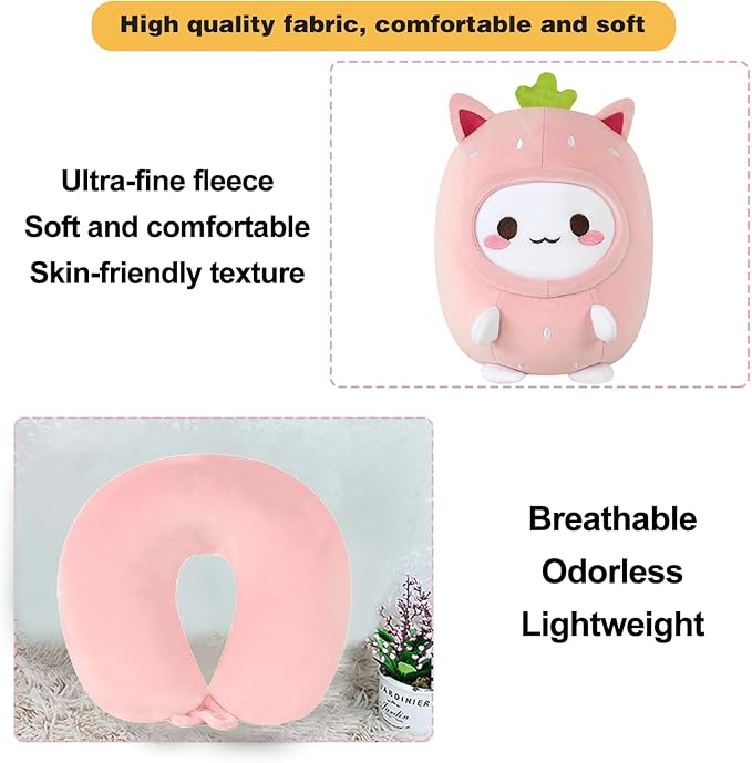 Kids Travel Pillow - 2-in-1 Deformable Kids Neck Pillow for Traveling, Soft U-Shaped Pillow with Adorable Animal Design, Comfy Sleep and Play, Ideal for Airplanes and Traveling (Pink Strawberry)