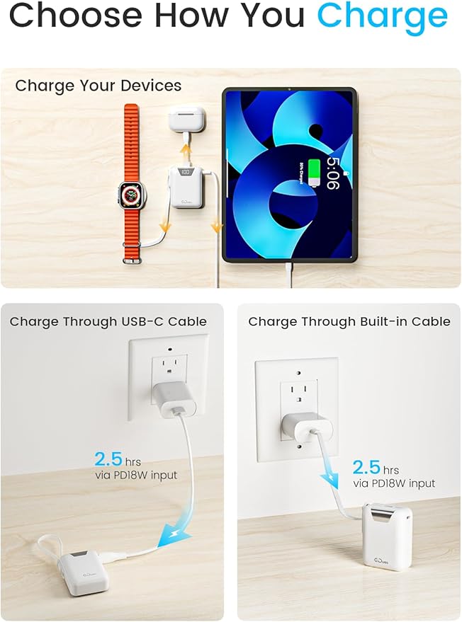 Mini Portable Charger, 10000mAh Ultra-Compact Power Bank, 22.5W PD Fast Charging, Tpye-C Built-in Cable, Small Size External Battery Pack for iPhone, Samsung, Android iPad (White)