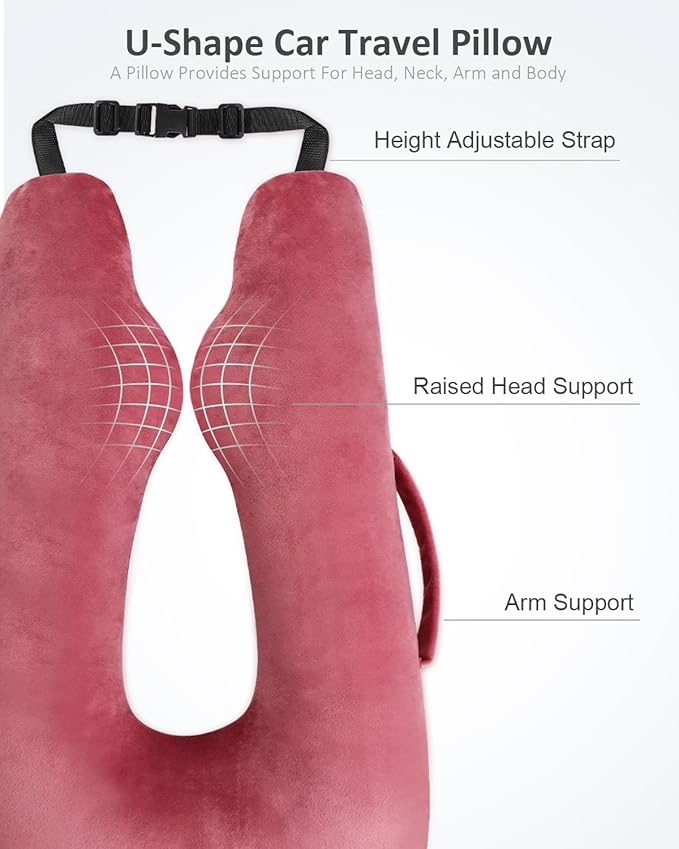 Car Travel Pillow for Kids Adults, Raised Padding Head and Neck Support Car Seat Sleeping Pillow for Toddlers, Portable U Shaped Body Pillow for Car Seat On Road Trip (Magenta)