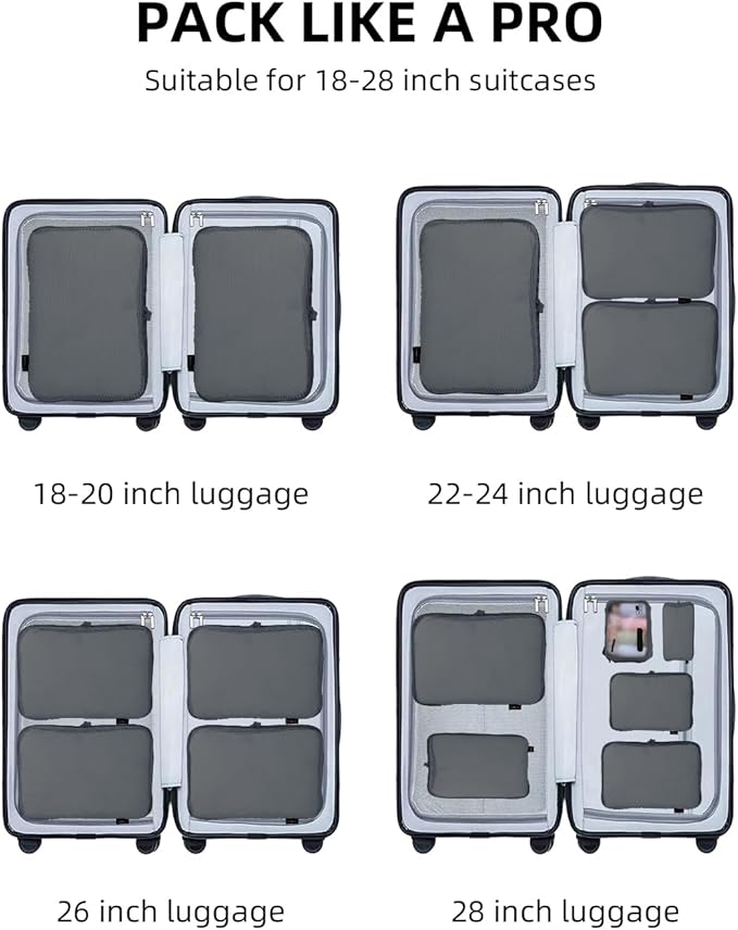 6 Set Compression Packing Cubes for Travel, Large Medium Small Luggage Organizers, Storage Bags for Clothes (6 Pack, Charcoal Gray)