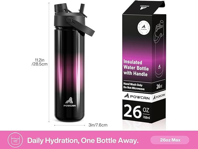 POWCAN 26 oz Insulated Water Bottle with 2-in-1 Straw and Spout Lid, Keep Cold 24H, Leak-Proof, Fits in Car Cup Holder, Stainless Steel Water Bottle for Sports, Trip, Gym, and School (Neon Night)