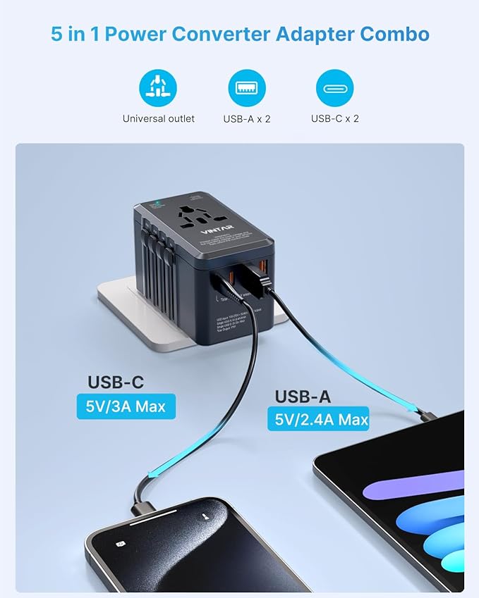 220V to 110V Travel Voltage Converter, VINTAR 2000W International Universal Voltage Converter US to Europe Adapter with 4 USB Ports (2 USB C), Step Down Power Converter Adapter Combo for US EU UK AUS