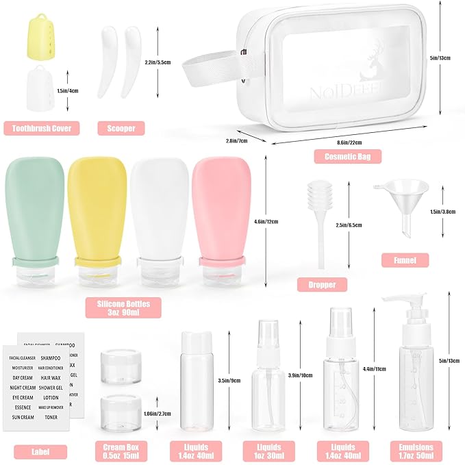 18 Pcs Travel Bottles Set for Toiletries, TSA Approved Travel Size Containers with Bandage Silicone Squeezable for Shampoo Conditioner Lotion Body Wash (Multicolour+White Bag)