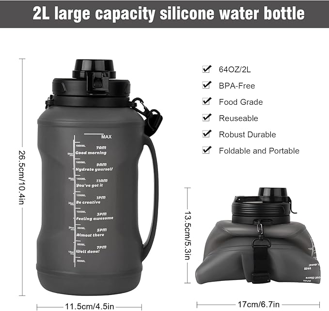 Collapsible Water Bottles, 2L/64OZ travel water bottle Bottle with Straw, Half Gallon Large Water Bottle for Travel Outdoor Sports Runing Fitness Yoga (Upgraded black)