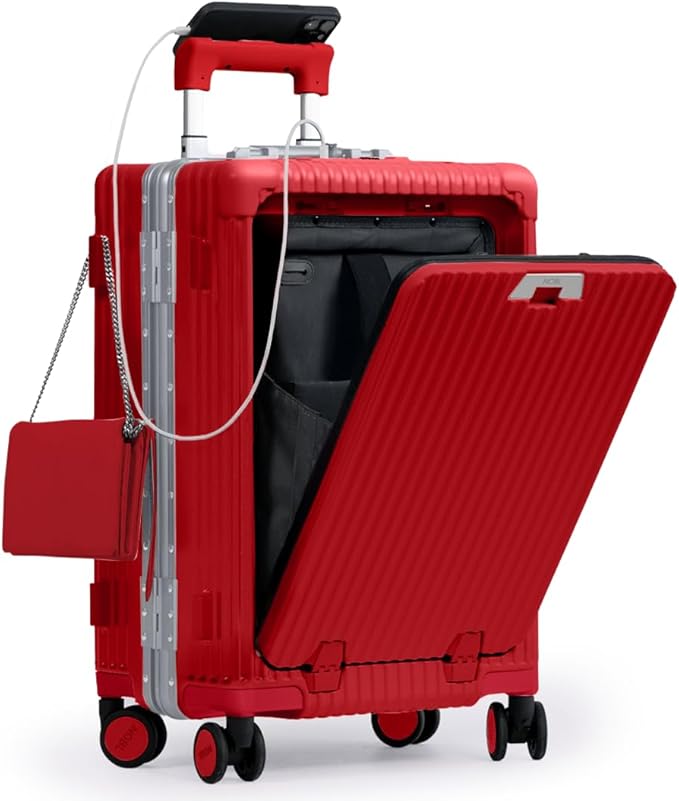 Nobl Travel Carry On Luggage, Noble Zipperless Aluminum Frame PC Hard Shell Suitcase, 22.5x15x9.5 Airline Approved, 360° Spinner Wheels, TSA Locks, USB Charging Port, Cup & Phone Holder - Red