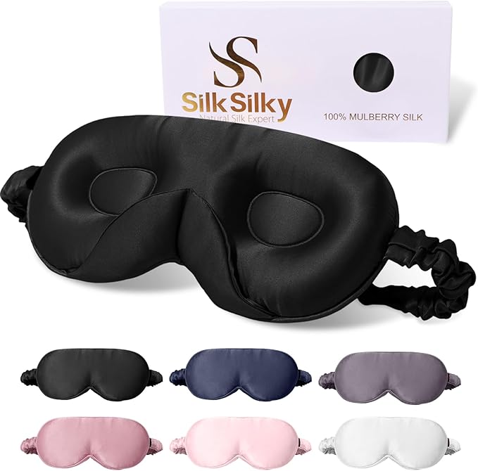 SilkSilky 100% 22 Momme Mulberry Silk Sleep Mask – Upgraded 3D Contoured Eye Mask with Nose Wing Pads & Adjustable Strap, Luxury Blackout Eye Cover for Women & Men (Black)