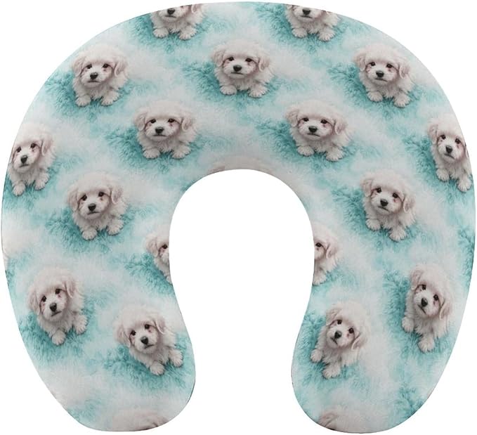 Fashion Travel Pillow Memory Foam Chin Head Support Cute Animal Maltese Art, Breathable Washable Cover for Women Men Airplane Car Decor