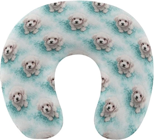 Fashion Travel Pillow Memory Foam Chin Head Support Cute Animal Maltese Art, Breathable Washable Cover for Women Men Airplane Car Decor