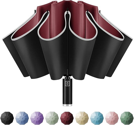 Yoobure Inverted Windproof Travel Umbrella - Automatic Umbrellas for Rain, Compact Folding with Reflective Stripe, Portable Large for Backpack, Lightweight with Sun UV Protection