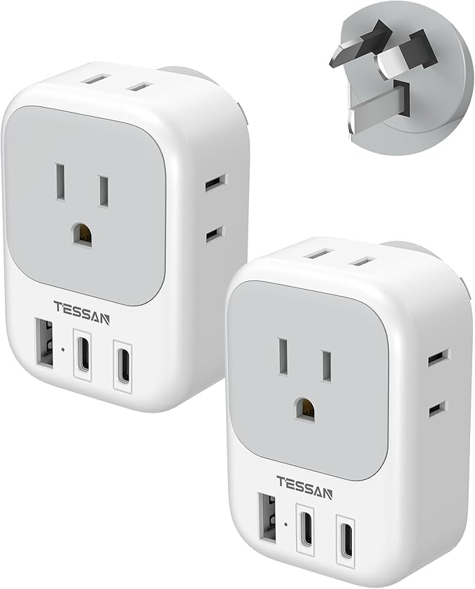 Australia Plug Adapter 2 Pack, TESSAN New Zealand Power Adapter with 4 Outlets 3 USB (2 USB-C), Type I Travel Adaptor for US to Australian Argentina China Fiji Samoa Tonga Kiribati
