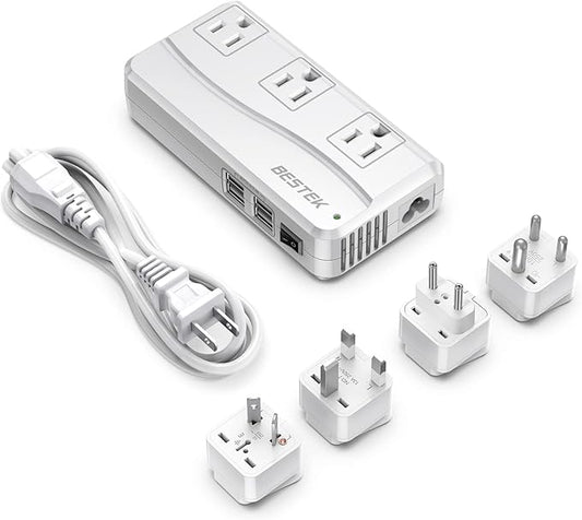 BESTEK Universal Travel Adapter 220V to 110V Voltage Converter with 6A 4-Port USB Charging and UK/AU/US/EU Worldwide Plug Adapter (White)