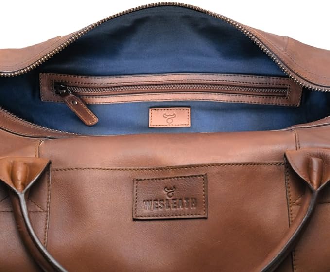 Full Grain Leather Duffle Bag – 40L Travel, Gym & Carry-On Weekender for Men | Handcrafted Overnight Bag with Brass Hardware, Bourbon Style
