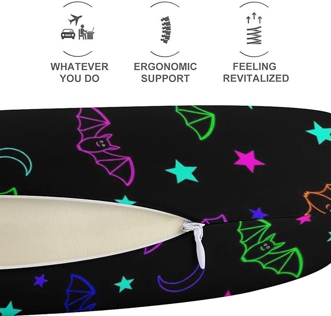 Pain Relief Travel Neck Pillow Halloween Gothic Moon Star Cute Neon Bat, Memory Foam U Shaped Support, Breathable Zip Cover for Airplane Car Office Men Women