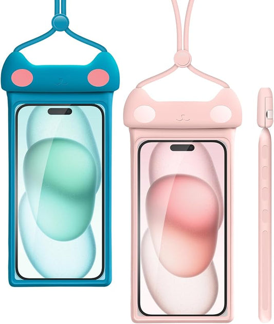 wellhouse Waterproof Phone Pouch, Waterproof Phone Case for iPhone 16 15 14 13 12 Pro Max XS Samsung, IPX8 3D Cellphone Dry Bag Beach Essentials (2 Pack - Meow Pink & Blue7.0, 7 inch)