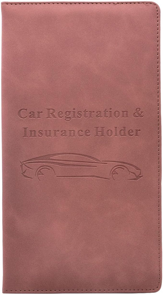 Car Registration and Insurance Card Holder - Vehicle Glove Box Document Organizer - Premium PU Leather Wallet Case - Driver License - Pink