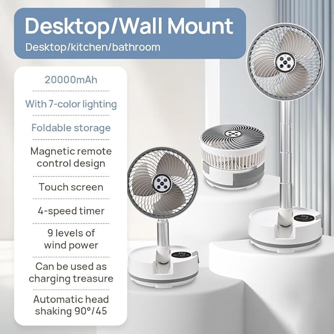 8 inch Portable Fan-Battery Operated Fan, Oscillating Rechargeable Fan with 20000mAh, Remote Control LED Lights, 72HR Run Time, Outdoor Portable Foldable Fan for Camping＆travel (White