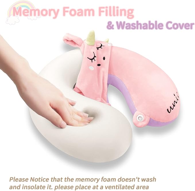 Neck Travel Pillow for Kids, Unicorn Airplane Memory Foam Pillow with Cute Sleep Mask & Earplugs, Lightweight Travelling Sleeping Pillow Set for Car, Train, Bus and Home Use (Pink)