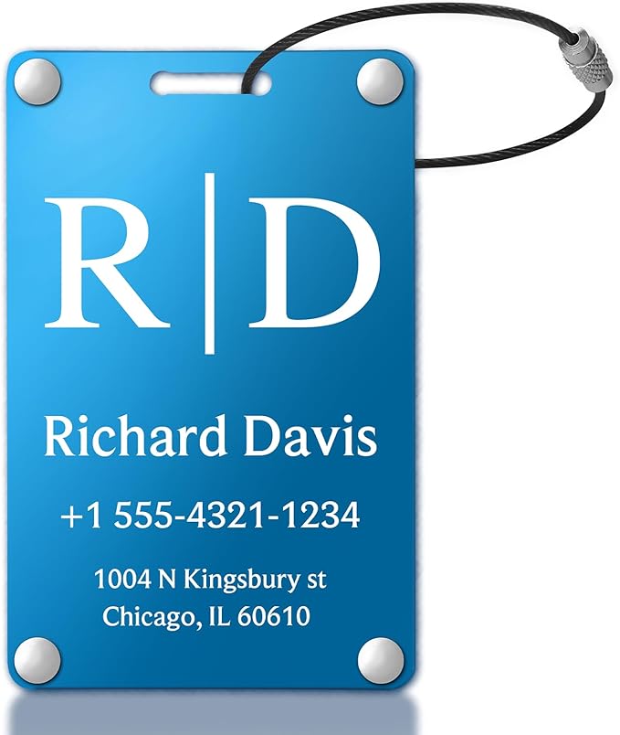 Personalized Luggage Tags for Suitcases - Monogram Style Aluminum Custom Luggage Tags for Backpacks & Bags, Sturdy, Waterproof & Heavy Duty (Blue/Card-Sized)