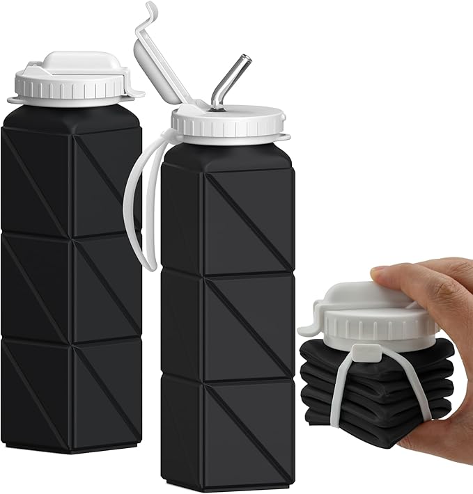 Collapsible Water Bottles with Straw 20.6oz, Silicone Foldable Portable Water Bottle, BPA-Free, Leakproof Reusable for Travel Camping Hiking Cycling Yoga Sports, 1 Pack (Black)