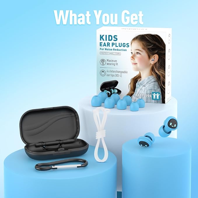 Kids Ear Plugs for 5-12 Yr, 27 dB Noise Reduction Extra Small Earplugs, Ear Plugs for Kids for Noise Sensitivity, Socializing, Sleep, Focus, 4 Sizes Ear Tips in XS-L (Blue+Cord)