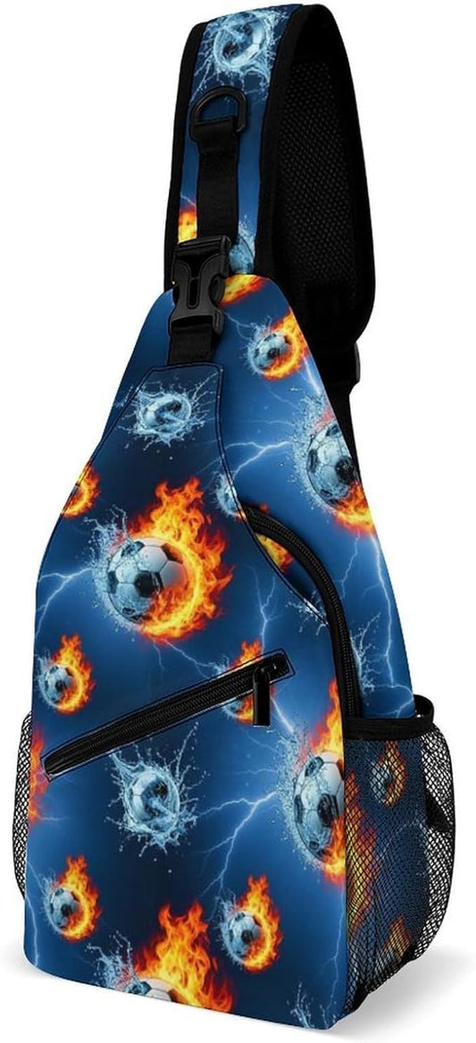 SWEET TANG Men's Crossbody Bag Anti Theft Shoulder Backpack, Funny and Chest Bags Soccer Sports Ball Blue Flame Football for Fishing Cycling Hiking, Lightweight and Large Capacity