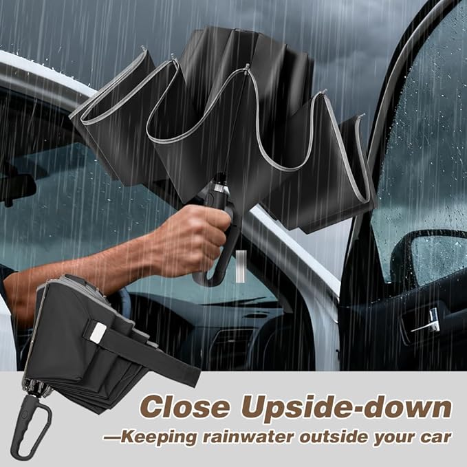 TOPSAIL 10 Ribs Inverted Umbrella with Carabiner Handle, Large Strong Windproof Umbrellas for Rain & Sun, 49" Portable Reverse Folding Compact Travel Umbrella with Safe Reflective Strip, for Women Men