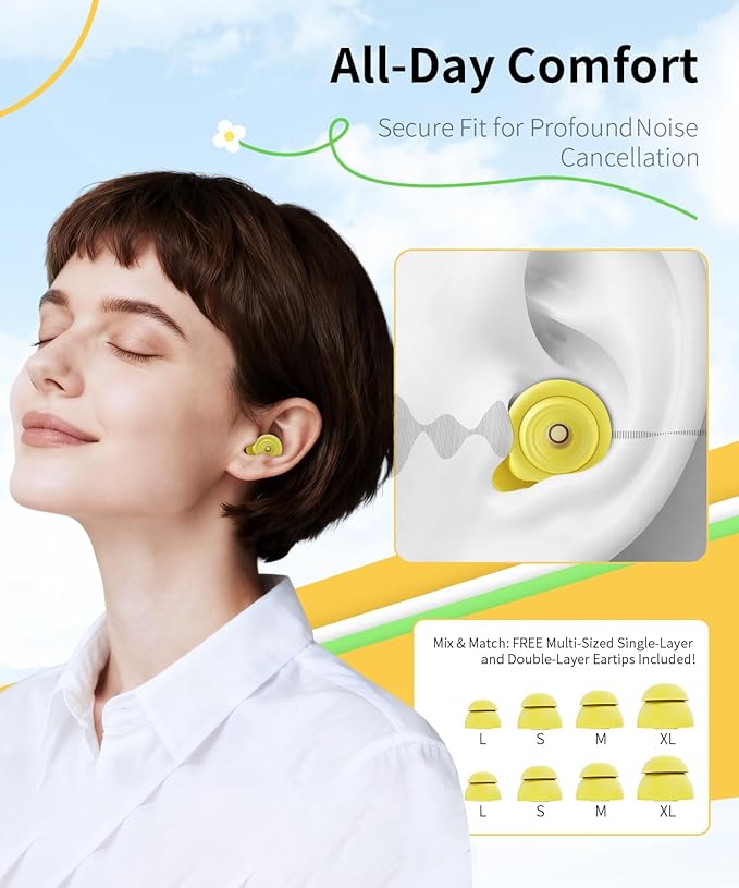 Ear Plugs for Sleeping 45dB Reusable Noise Cancelling Ear Plugs with 8 Eartips and Travel Case for Concerts, Snoring, Travel, Study Sleeping earplugs(Yellow)