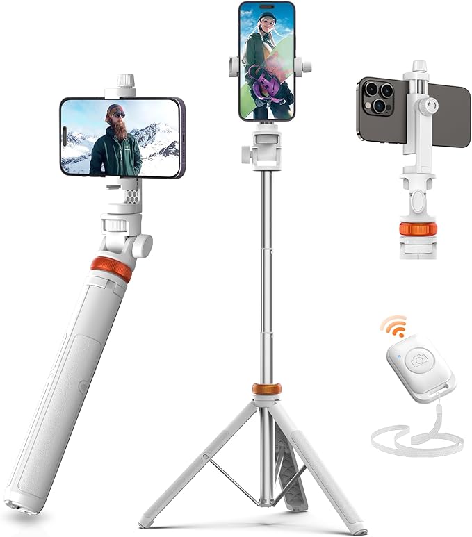 EUCOS 62" Tripod for iPhone, Sturdy Selfie Stick Tripod with Remote & Lightweight Phone Stand, Solidest Portable Cell Phone Tripod, Compatible iPhone Pro Max/Android [White]