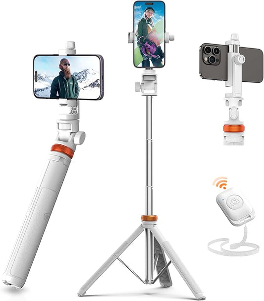 EUCOS 62" Tripod for iPhone, Sturdy Selfie Stick Tripod with Remote & Lightweight Phone Stand, Solidest Portable Cell Phone Tripod, Compatible iPhone Pro Max/Android [White]