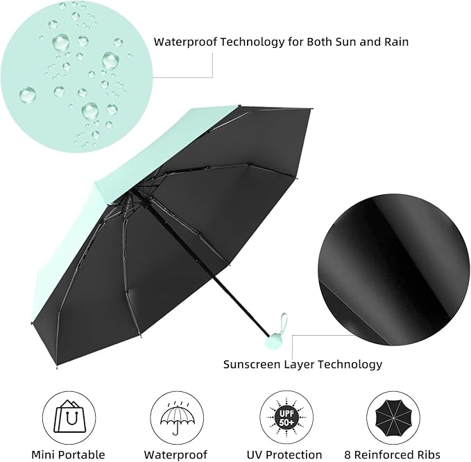 Travel Mini Compact Folding Umbrella with Case - UV Sun & Rain Protection, Lightweight Portable Pocket Umbrella for Women Men Kids, Fits Purse Backpack