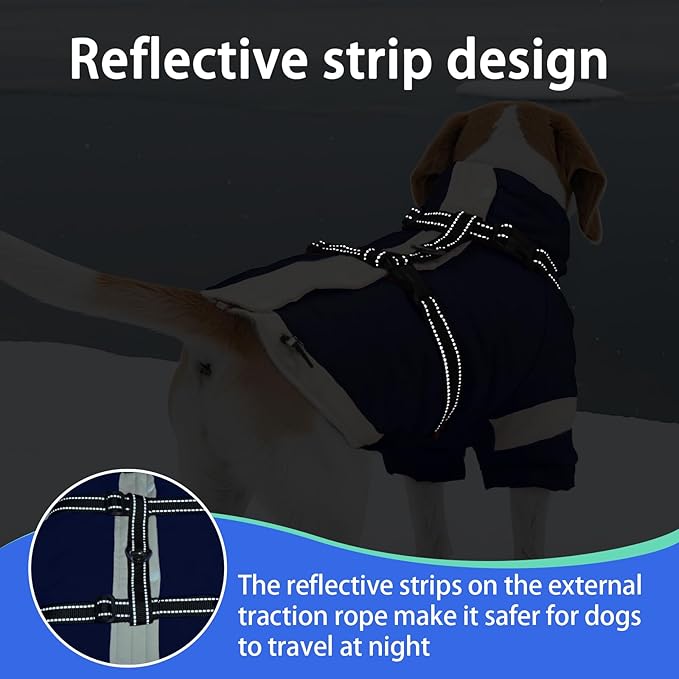 MIGOHI Ultra Thick Dog Jacket,Reflective Medium Dog Coat with Harness Built in,Warm Pet Winter Coat Zip Up Puffer Jacket with Furry Collar for Medium Dogs with Legs Outdoor Adventure,L,NavyBlue