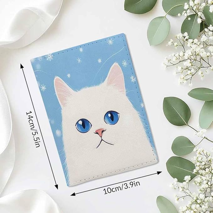 Cat Passport Holder for Travel White Cat with Blue Eyes PU Leather Passport Cover Wallet Cute Passport Card Holder for Women and Men