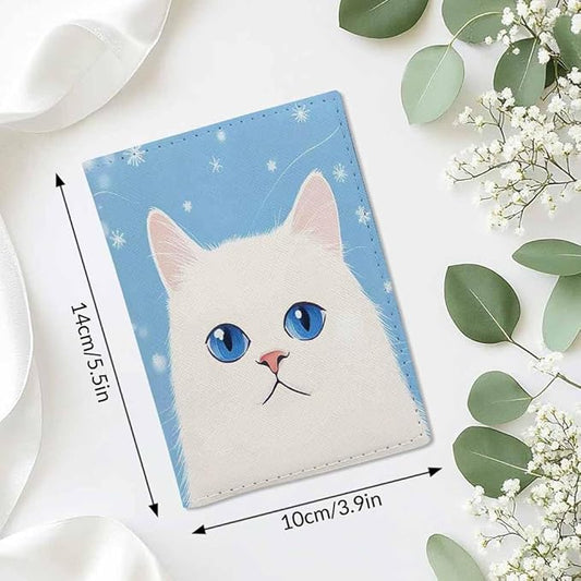 Cat Passport Holder for Travel White Cat with Blue Eyes PU Leather Passport Cover Wallet Cute Passport Card Holder for Women and Men