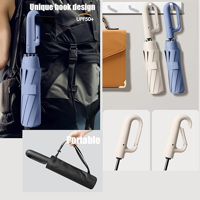 Travel Folding Golf Umbrella 10 Ribs Automatic Open/Close,Lightweight Compact Portable Backpack Car Parasol Outdoor,Sun/Rain,Anti 99 UV Protection UPF 50,Men Women Carabiner Handle Design
