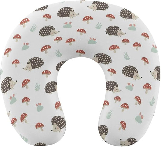 Cute Travel Neck Pillow Autumn Hedgehogs Leaves Mushrooms Memory Foam U Shaped Cushion, Washable Cover for Boys Girls Airplane Car School Nap